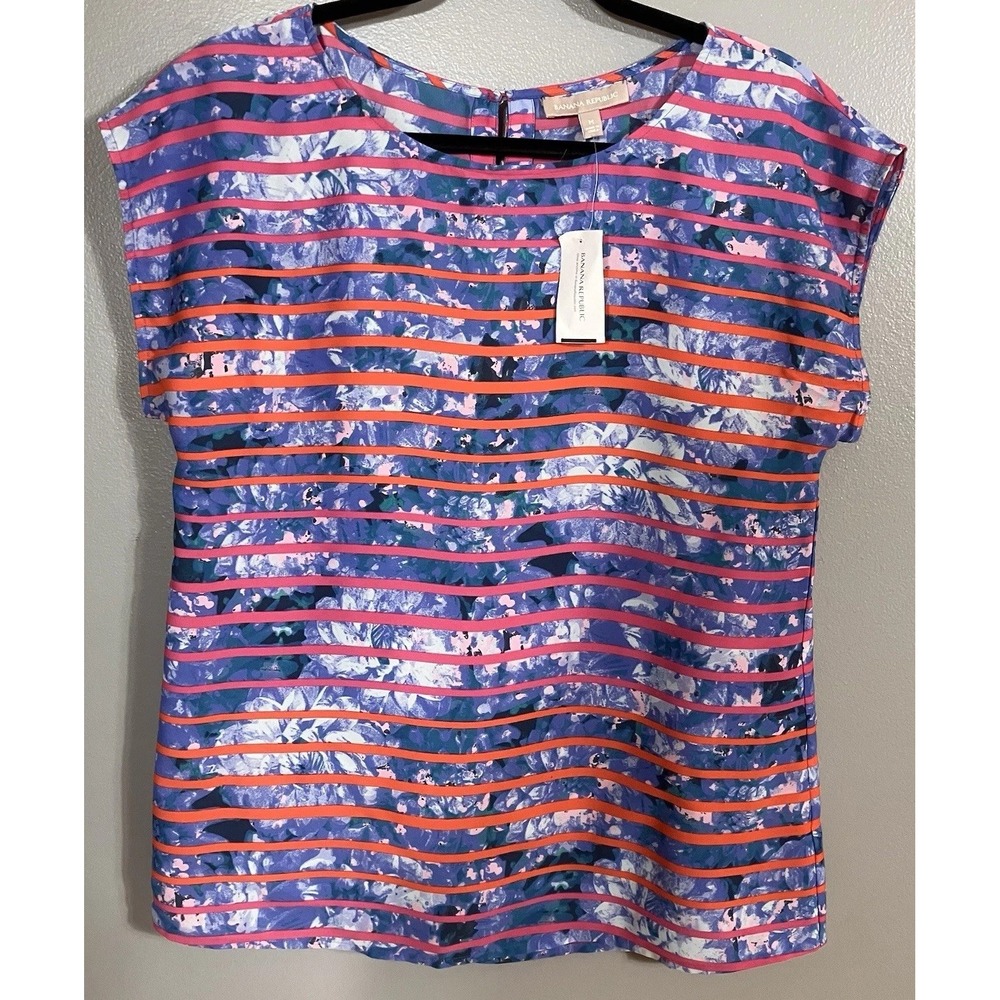 NWT Banana Republic Women's Sz M Blue Pink Stripe Floral Blouse Shirt Career Top